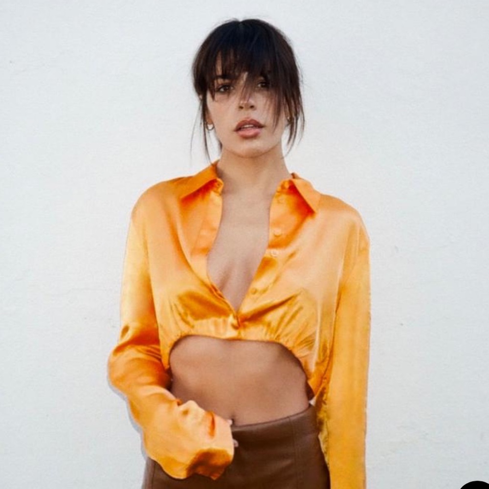 Zara Satin Effect Crop Shirt Orange Long Sleeve Button Top Approx size XS Small